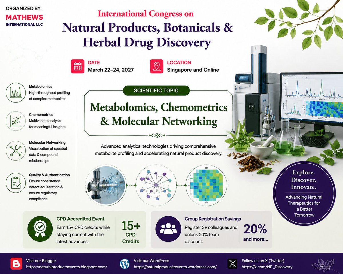 NP_Discovery's tweet photo. 🔬 Scientific Topic Spotlight
Metabolomics, Chemometrics &amp; Molecular Networking
Discover how AI, metabolomics, and molecular networking are transforming natural product discovery.
📅 March 22–24, 2027
📍 Singapore &amp; Online
🌐 https://t.co/NdXw2zJNmX https://t.co/LTk4zJ9uOb