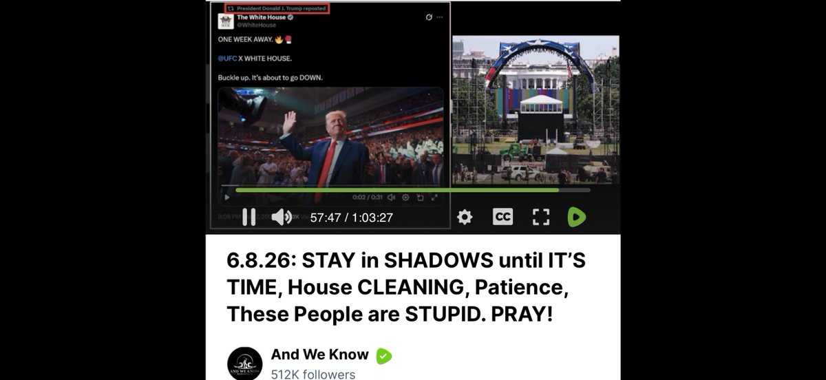 Fabian_17LightQ's tweet photo. Post 🇺🇸&🇫🇷
https://t.co/S6myVd8elm

‼️🇺🇸Donald TRUMP shared the following post from the WHITE HOUSE (including a 31 sec video in which Dana White says that most of the people attending THE EVENT will be MILITARY🪖 personnel):”ONE WEEK AWAY. 🔥🥊 @UFC X WHITE HOUSE. BUCKLE UP. It’s about to go DOWN.” / 14 Q drops💧containing “BUCKLE UP” (including Q drop 879 dated from 2018): “Set the STAGE.” – POTUS. Do you believe? Buckle up. Q” / For anyone doubting that the EBS (EAS) COLOR🎨scheme in front of the UFC stage at the White House is fake, CNN posted a photo of it on the article mentioned below ‼️

‼️🇫🇷Donald TRUMP a partagé la publication suivante de la MAISON BLANCHE (incluant une vidéo de 31 secondes dans laquelle Dana White dit que la plupart des participants à L’ÉVÉNEMENT seront des MILITAIRES🪖) : « DANS UNE SEMAINE. 🔥🥊 @UFC X Maison Blanche. ATTACHEZ VOS CEINTURES. ÇA VA CHAUFFER! » / ​​14 drops (information au compte-goutes💧) de Q contenant « ATTACHEZ VOS CEINTURES » (dont le drop 879 datant de 2018) : «Préparez LA SCÈNE » -Président des États-Unis. Vous y croyez ? Attachez vos ceinture. Q ». / Pour tous ceux qui doutent encore de l’authenticité du schéma (gamme) de COULEURS🎨EBS (EAS) devant LA SCÈNE de l'UFC à la Maison Blanche, CNN a publié une photo de celui-ci dans l’article mentionné ci-dessous ‼️

🇺🇸See the LINKS 🔗 below:

The video report from June 8, 2026 (see at 57 min 47 sec) by “And We Know” (Master Sergeant (ret) U.S. Marine Corps and reporter who interviewed General Flynn, Eric Trump, Lara Logan and Kash Patel):

https://t.co/S6myVd8elm

Link to a post (including a 31-second video) shared on June 7, 2026 on the White House's Twitter X account.

https://t.co/MhrWkX7Rfv

Link to a post (including a CNN article dated June 8, 2026) shared on the Twitter account X @TheRipCord (account with many known patriotic followers):

https://t.co/s9fNizyyOH

https://t.co/WxTVgs7q62

🇫🇷Voir les LIENS 🔗ci-dessous:

Le reportage vidéo du 8 juin 2026 (voir à 57 min 47 sec) de “AND WE KNOW” (Sergent-chef (retraité) Corps des Marines des États-Unis et reporter qui a interviewé le Général Flynn, Lara Logan, Éric Trump et Kash Patel):

https://t.co/S6myVd8elm

Lien d'une publication (incluant une vidéo de 31 sec) partagée le 7 juin 2026 sur le compte Twitter X de la Maison Blanche.

https://t.co/MhrWkX7Rfv

Lien d'une publication (incluant un article du média CNN datant du 8 juin 2026) partagée sur le compte Twitter X @TheRipCord (compte ayant de nombreux abonnés patriotes connus):

https://t.co/s9fNizyyOH

https://t.co/WxTVgs7q62

🇺🇸17th letter of the alphabet Q (patriotic military communications, phishing, infiltration, and intelligence operations)
 
Please keep in mind that no one, aside from a few high-ranking patriotic military personnel (plus Trump and a few others), knows the details and timing of the plan. Furthermore, since the enemies also have access to Q's posts, the disinformation is partly necessary.
 
 🇫🇷17 ème lettre de l’alphabet Q (opérations de communication, d’hameçonnage, d’infiltration et d’intelligence MILITAIRES patriotes) 
 
Veuillez garder à l’esprit que personne, à part quelques militaires patriotes hauts gradés ( plus Trump et quelques autres personnes), ne connaît les détails et le timing du plan. De plus, vu que les ennemis ont également accès aux publications de Q, la désinformation est en partie nécessaire.