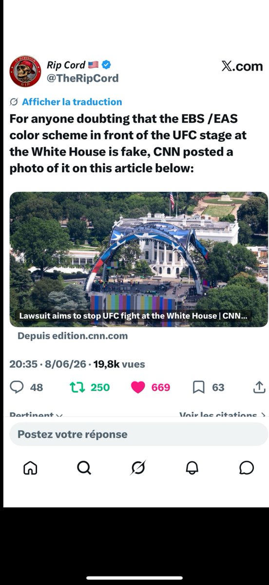 Fabian_17LightQ's tweet photo. Post 🇺🇸&🇫🇷
https://t.co/S6myVd8elm

‼️🇺🇸Donald TRUMP shared the following post from the WHITE HOUSE (including a 31 sec video in which Dana White says that most of the people attending THE EVENT will be MILITARY🪖 personnel):”ONE WEEK AWAY. 🔥🥊 @UFC X WHITE HOUSE. BUCKLE UP. It’s about to go DOWN.” / 14 Q drops💧containing “BUCKLE UP” (including Q drop 879 dated from 2018): “Set the STAGE.” – POTUS. Do you believe? Buckle up. Q” / For anyone doubting that the EBS (EAS) COLOR🎨scheme in front of the UFC stage at the White House is fake, CNN posted a photo of it on the article mentioned below ‼️

‼️🇫🇷Donald TRUMP a partagé la publication suivante de la MAISON BLANCHE (incluant une vidéo de 31 secondes dans laquelle Dana White dit que la plupart des participants à L’ÉVÉNEMENT seront des MILITAIRES🪖) : « DANS UNE SEMAINE. 🔥🥊 @UFC X Maison Blanche. ATTACHEZ VOS CEINTURES. ÇA VA CHAUFFER! » / ​​14 drops (information au compte-goutes💧) de Q contenant « ATTACHEZ VOS CEINTURES » (dont le drop 879 datant de 2018) : «Préparez LA SCÈNE » -Président des États-Unis. Vous y croyez ? Attachez vos ceinture. Q ». / Pour tous ceux qui doutent encore de l’authenticité du schéma (gamme) de COULEURS🎨EBS (EAS) devant LA SCÈNE de l'UFC à la Maison Blanche, CNN a publié une photo de celui-ci dans l’article mentionné ci-dessous ‼️

🇺🇸See the LINKS 🔗 below:

The video report from June 8, 2026 (see at 57 min 47 sec) by “And We Know” (Master Sergeant (ret) U.S. Marine Corps and reporter who interviewed General Flynn, Eric Trump, Lara Logan and Kash Patel):

https://t.co/S6myVd8elm

Link to a post (including a 31-second video) shared on June 7, 2026 on the White House's Twitter X account.

https://t.co/MhrWkX7Rfv

Link to a post (including a CNN article dated June 8, 2026) shared on the Twitter account X @TheRipCord (account with many known patriotic followers):

https://t.co/s9fNizyyOH

https://t.co/WxTVgs7q62

🇫🇷Voir les LIENS 🔗ci-dessous:

Le reportage vidéo du 8 juin 2026 (voir à 57 min 47 sec) de “AND WE KNOW” (Sergent-chef (retraité) Corps des Marines des États-Unis et reporter qui a interviewé le Général Flynn, Lara Logan, Éric Trump et Kash Patel):

https://t.co/S6myVd8elm

Lien d'une publication (incluant une vidéo de 31 sec) partagée le 7 juin 2026 sur le compte Twitter X de la Maison Blanche.

https://t.co/MhrWkX7Rfv

Lien d'une publication (incluant un article du média CNN datant du 8 juin 2026) partagée sur le compte Twitter X @TheRipCord (compte ayant de nombreux abonnés patriotes connus):

https://t.co/s9fNizyyOH

https://t.co/WxTVgs7q62

🇺🇸17th letter of the alphabet Q (patriotic military communications, phishing, infiltration, and intelligence operations)
 
Please keep in mind that no one, aside from a few high-ranking patriotic military personnel (plus Trump and a few others), knows the details and timing of the plan. Furthermore, since the enemies also have access to Q's posts, the disinformation is partly necessary.
 
 🇫🇷17 ème lettre de l’alphabet Q (opérations de communication, d’hameçonnage, d’infiltration et d’intelligence MILITAIRES patriotes) 
 
Veuillez garder à l’esprit que personne, à part quelques militaires patriotes hauts gradés ( plus Trump et quelques autres personnes), ne connaît les détails et le timing du plan. De plus, vu que les ennemis ont également accès aux publications de Q, la désinformation est en partie nécessaire.