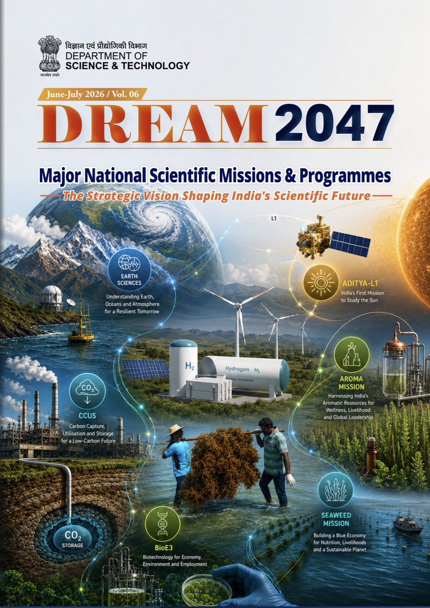 IndiaDST's tweet photo. Explore the latest issue of #DREAM2047, featuring India's flagship scientific missions and programmes driving innovation, technological excellence and national development. 

Discover how initiatives of @IndiaDST in CCUS, Hydrogen, Clean Energy, Climate Change & GLP are shaping a self-reliant and developed India.

Read here: https://t.co/NxbS3g7f2f

@DrJitendraSingh @waghmare16 @Dhana_Arumugam1 @NishaM_DST @dst_neelima @ranjithkpai @kapoorektadst @DrSusheelaNegi1 @KinkiniMisra