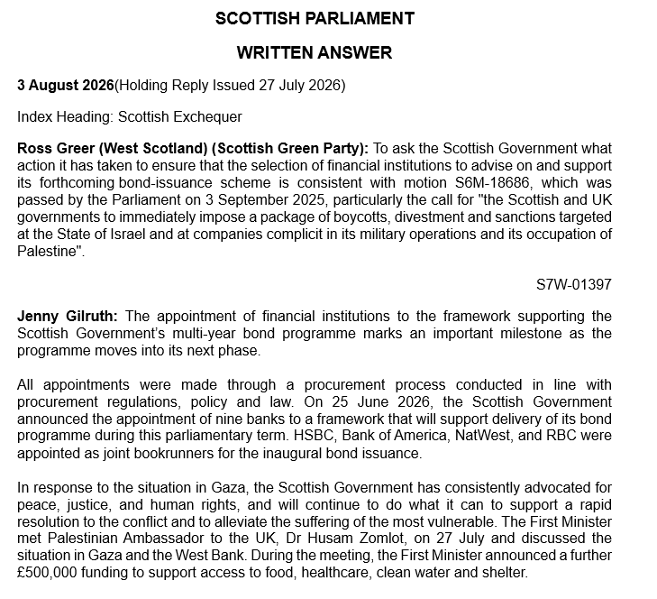 Ross_Greer's tweet photo. As reported in @ScotNational, the Scottish Government is refusing to implement the boycott of Israel.

They know its indefensible, thus these non-answers.

Barclays Bank plays a major role in enabling Israel's occupation. Why has SG selected them as a bonds programme partner? https://t.co/xjUa0dTyhr