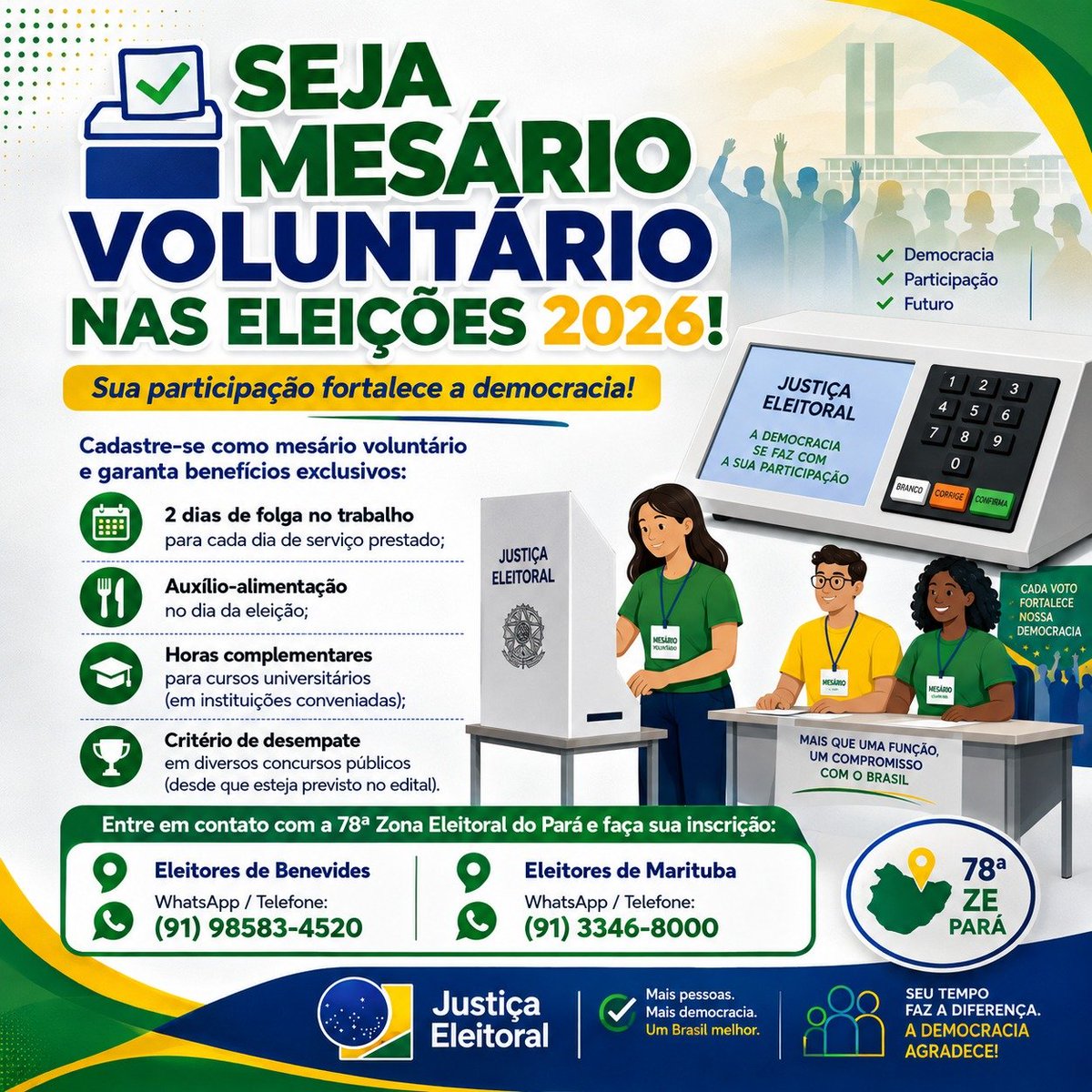 MarceloAlves70's tweet photo. Seja um mesário voluntário nas Eleições 2026!

Além de fortalecer a democracia, você ainda pode garantir 20 horas de Atividades Complementares na FAAMA, mediante comprovação da Justiça Eleitoral.

Participe!

#MesárioVoluntário  #Cidadania #FaamaOndeTudoFazSentido https://t.co/vqzVehWcXT