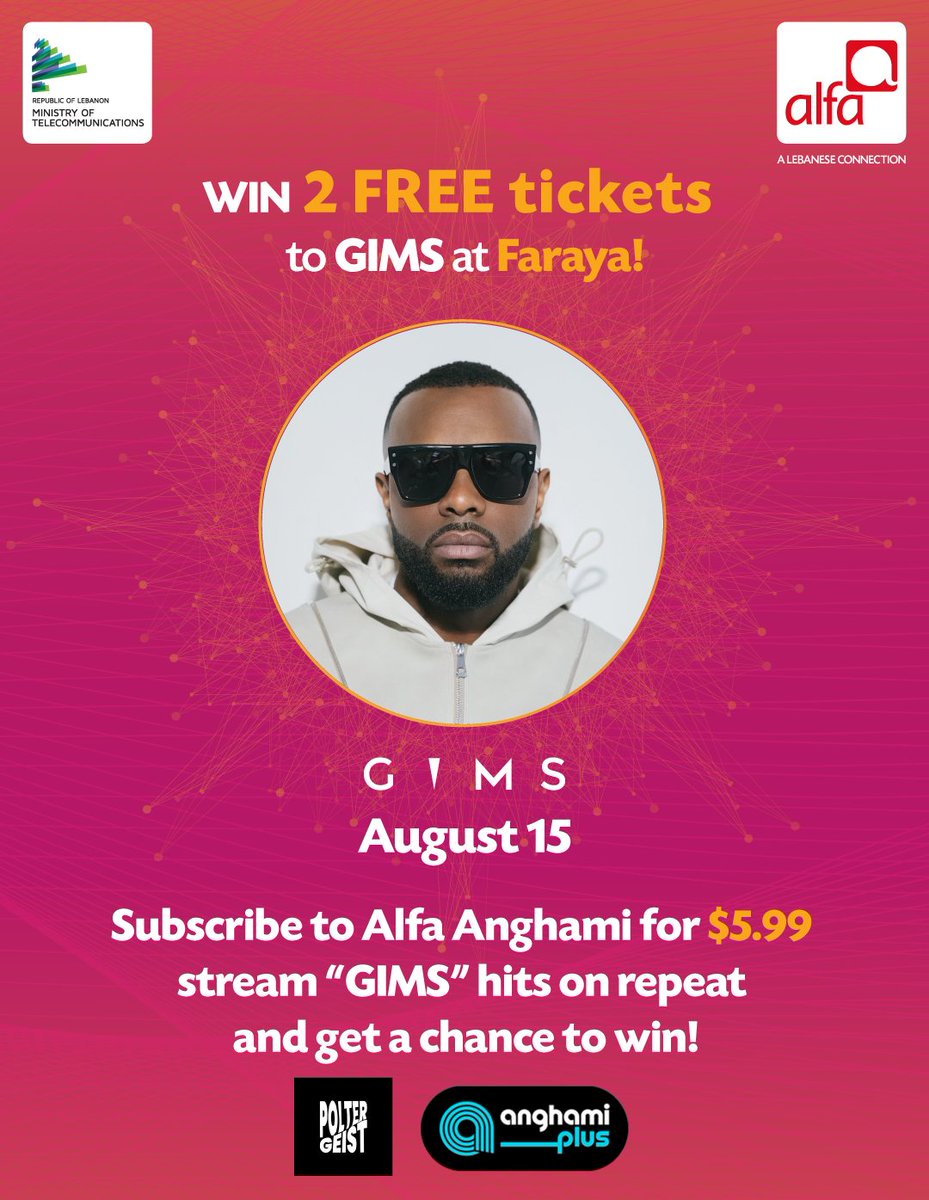 AlfaTelecom's tweet photo. 🎉 Listen, stream, and you could be heading to GIM’s concert in Faraya!
Subscribe to #AlfaAnghami 3GB for $5.99, stream GIM’s hits on repeat 🔁 until August 11, and get a chance to win 2 FREE tickets to the concert 🎤✨
To subscribe, send ✉ AA to 1050.
https://t.co/xljjNv4kxm https://t.co/jqwUvwmvZ9