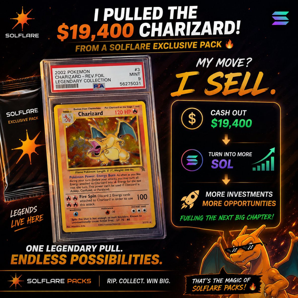 m4l1k_sol's tweet photo. If I pulled the $19,400 Charizard from a @solflare Exclusive Pack
I'd sell it without hesitation.
Turn one legendary pull into more SOL, more investments, and more opportunities. One lucky pack could fuel the next big chapter
That's the magic of Solflare Packs
#SolflarePack https://t.co/FgYnHNV2FA
