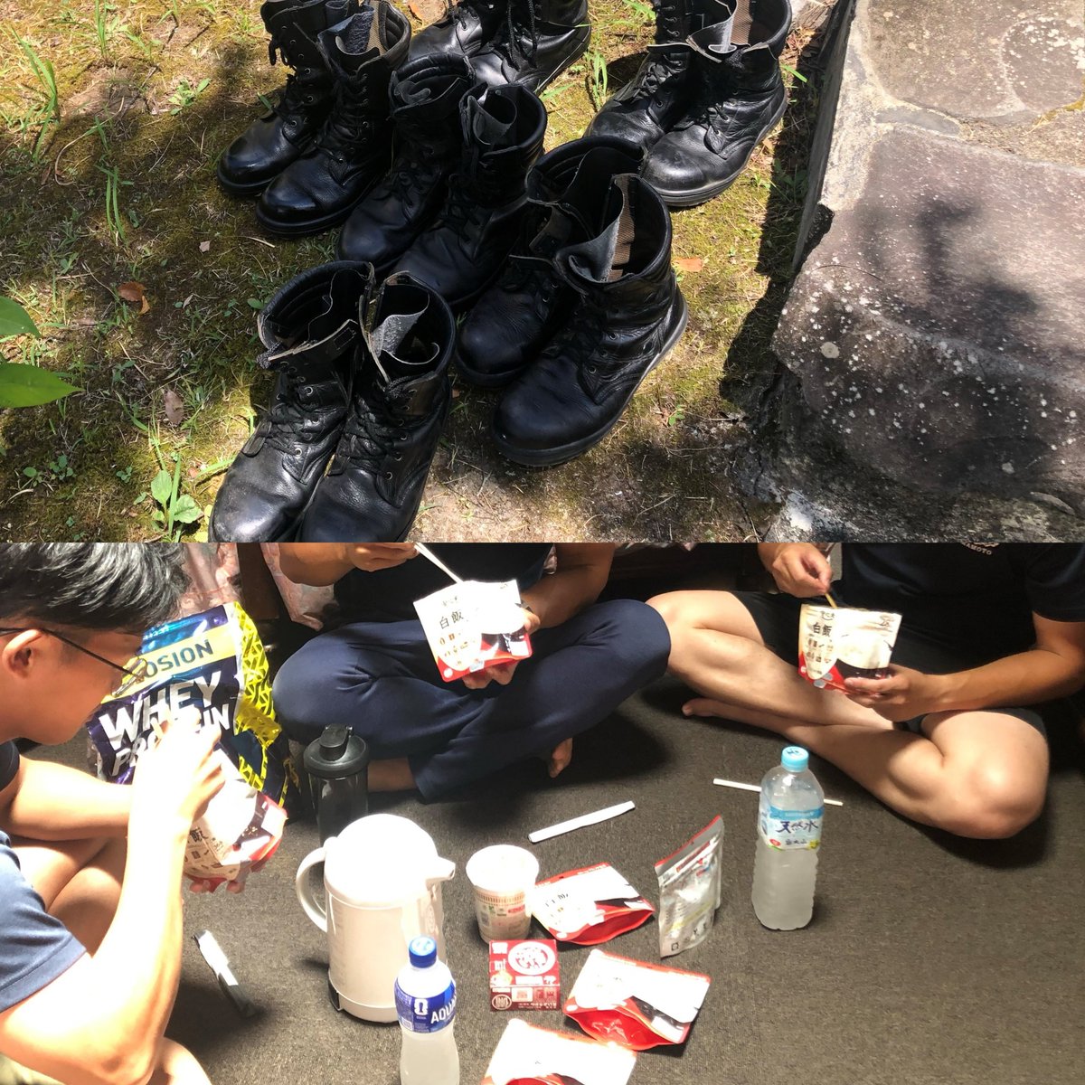 NPA_saigaiKOHO's tweet photo. 熊本派遣中の機動隊より。
便乗犯罪の撲滅に加えて、大事なこと。それは、住民の命を守ることです。
連日の猛暑に鑑み、パトロールの傍ら、在宅避難や車中泊の方に熱中症の注意喚起ビラや水のお渡しもしています。
隊員も交代で、重い編上靴を脱いで休憩。次の出番に備え、エネルギーをかき込みます。 https://t.co/esEGRI9GfR