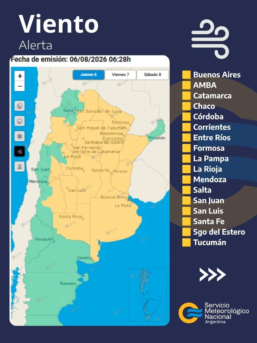 SMN_Argentina's tweet photo. 6 AGO | ⚠️ #Alertas para hoy:

⛈️ Tormenta
🟧 50-80 mm
🟨 30-60 mm
⚠️ Lluvias intensas
🌬️ Ráfagas ≥ 90 km
🧊 Granizo
⚡Actividad eléctrica

🌬️ Viento
🟨 40 - 60 km/h con ráfagas ≥ 90km/h

🧵➡️ https://t.co/Goa9g3yU5R