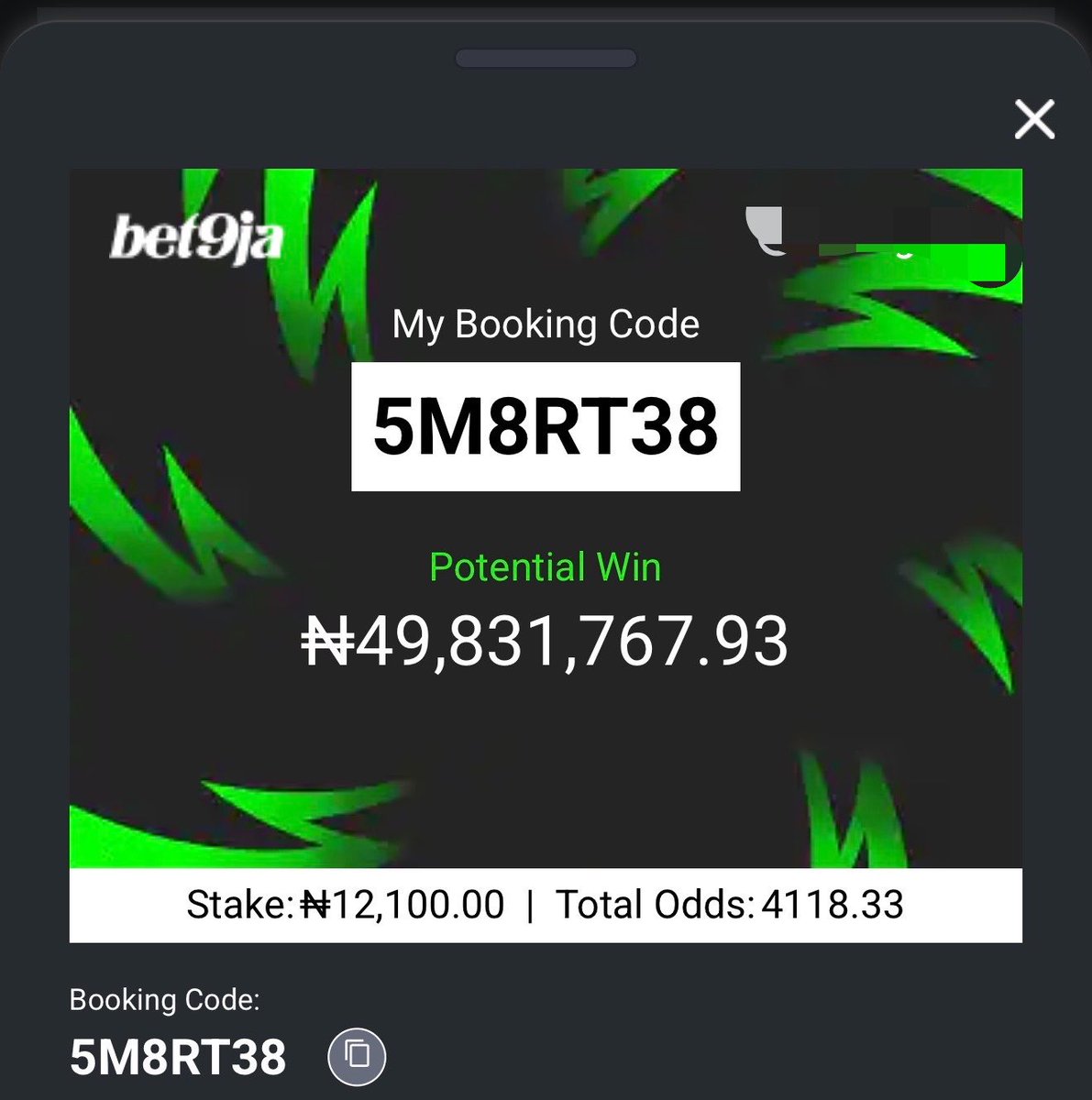 officialmoore7's tweet photo. 5M8QKS8 - 6 

5M8RT38 - 7 

#Bet9jaCode 
#Bet9jaCode https://t.co/A3GlBPBsu9