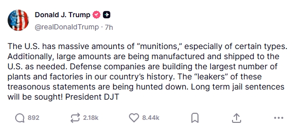 Glenn_Diesen's tweet photo. Trump threatens to hunt down and jail people who argue that the U.S. weapons stockpiles are being depleted. https://t.co/GcT71ktKd2