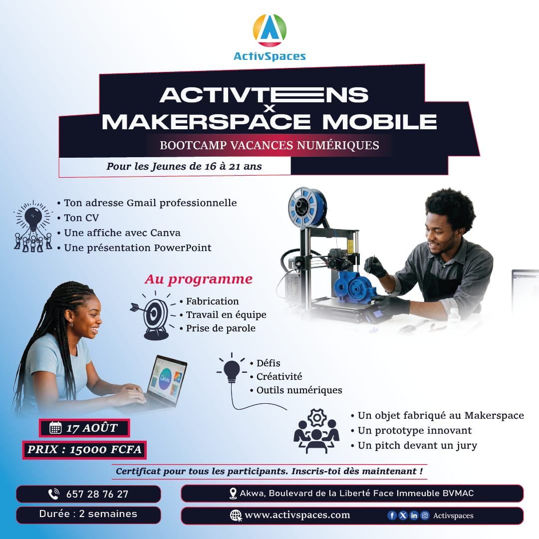 ActivSpaces's tweet photo. Les inscriptions à #ActivTeens sont prolongées !

📅 17–28 août

CV • Canva • Impression 3D • Prototype • Pitch

Pour les jeunes de 16 à 21 ans.

📩 Inscriptions ouvertes au 657 28 76 27 https://t.co/f1R0nC79Hm