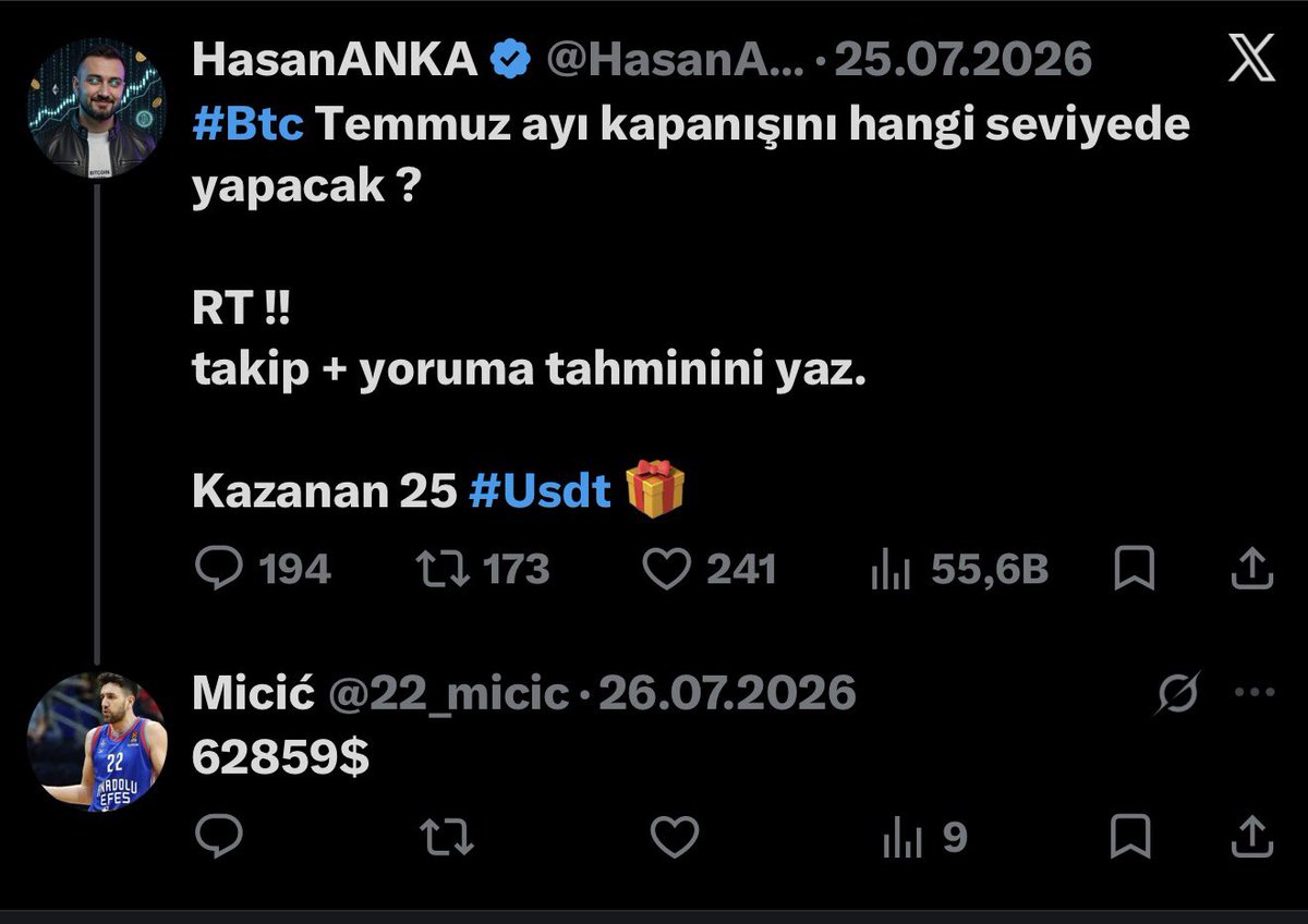 HasanANKA's tweet photo. Tünaydın efem.
Biraz geç kaldım açıklamak için ama yarışma sonucu …

#Bitcoin temmuz kapanışını  62857.80 ile yaptı. En yakın tahmin + RT $1.30 cent fark ile büyük başarı @22_micic ödülü
Hak ediyor ( lütfen dm den trc20
Gönder ) 🤝😊

Sonraki yarışmalarda görüşmek üzere. https://t.co/P4eVYzuI87