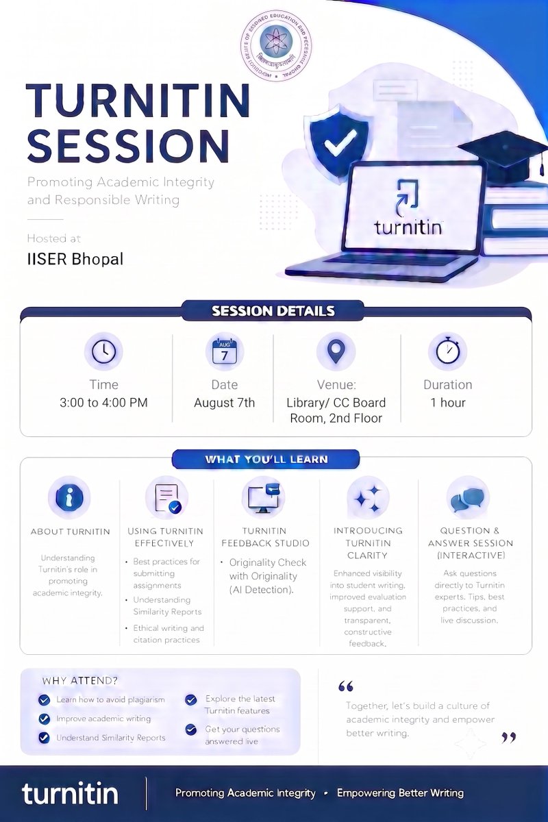 LibraryIISERB's tweet photo. The Central Library is hosting an offline training session on 'Turnitin'! Join us on August 07, 2026, from 03:00 PM to 04:00 PM. This is a great opportunity to enhance your skills and make the most out of this valuable resource.
#TurnitinTraining #CentralLibraryIISERB https://t.co/YxooPt9LJO