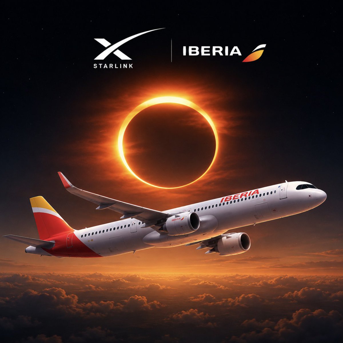 cb_doge's tweet photo. Starlink will livestream a total solar eclipse from 33,000 feet.

On August 12, Iberia will operate a special Airbus A321XLR flight above Spain, carrying scientists from the Shelios project and broadcasting the eclipse live using Starlink’s high-speed internet. https://t.co/PYCl5QkzQm