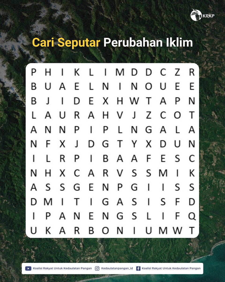 krkp_id's tweet photo. Halo Sobat Pangan!

Kuis Kedaulatan Pangan kembali lagi

Kali ini, Minpa mengajak Sobat Pangan untuk bermain Cari Kata dengan tema Perubahan Iklim.

Temukan 15 istilah yang berkaitan dengan perubahan iklim. Kira-kira, semuanya berhasil kamu temukan?

Selamat bermain dan jangan lupa ajak teman-temanmu untuk ikut mencoba!

#KuisKedaulatanPangan #PerubahanIklim #KedaulatanPangan
