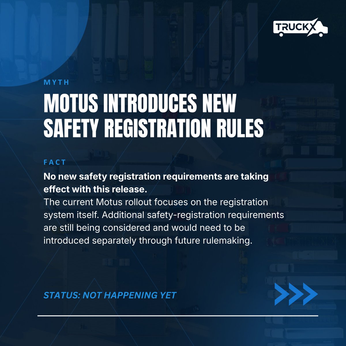 truckXinc's tweet photo. Skip the Motus rumors. Follow FMCSA guidance, update USDOT details, & organize records. TruckX keeps fleets informed & road-ready. Link: https://t.co/Sud8ZsEk2Q
#TruckX #FleetManagement #ELDCompliance #FMCSA #AmericanTrucking #Motus #USDOTRegistration #MotorCarrierRegistration https://t.co/SjSTL74Kp3