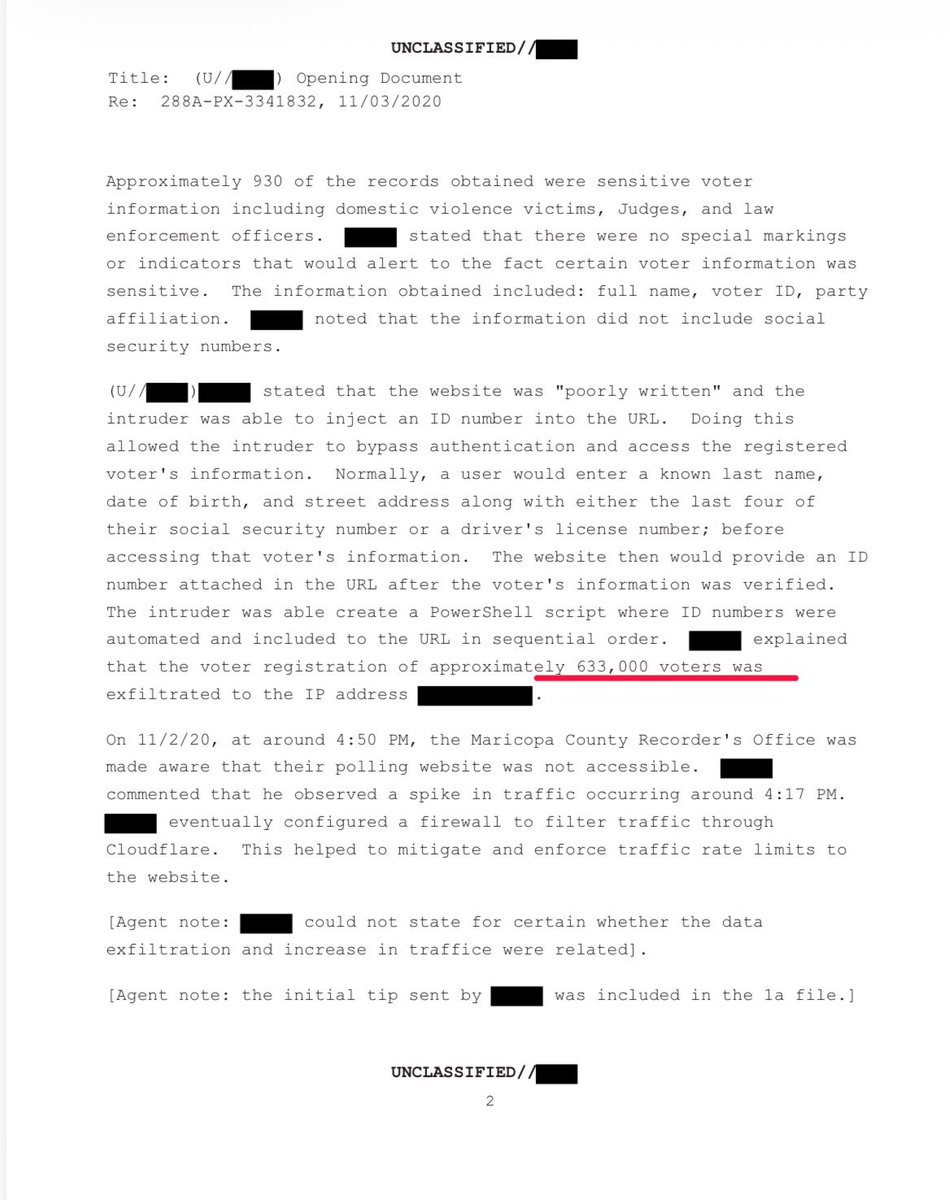 bennyjohnson's tweet photo. 🚨BREAKING: Newly declassified documents reveal a hacker STOLE 633,000 voter registration files from an election site in Maricopa County the night before the 2020 election.

Despite getting confession from the suspect, the Biden DOJ refused to prosecute. https://t.co/FPqiNQhbXX