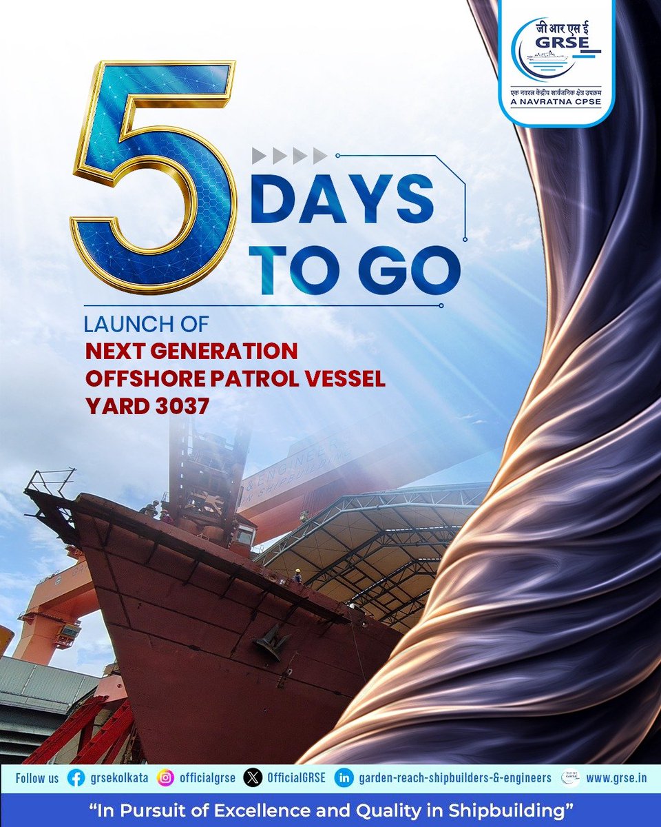 OfficialGRSE's tweet photo. 5 Days to the Launch of Another Indigenous Naval Milestone.
Built to meet the evolving needs of maritime security, the vessel showcases India's advancing shipbuilding capabilities.
#GRSE #Countdowntolaunch #IndianNavy #indigenousdefence #aatmanirbharbharat https://t.co/kNy70DZlLE
