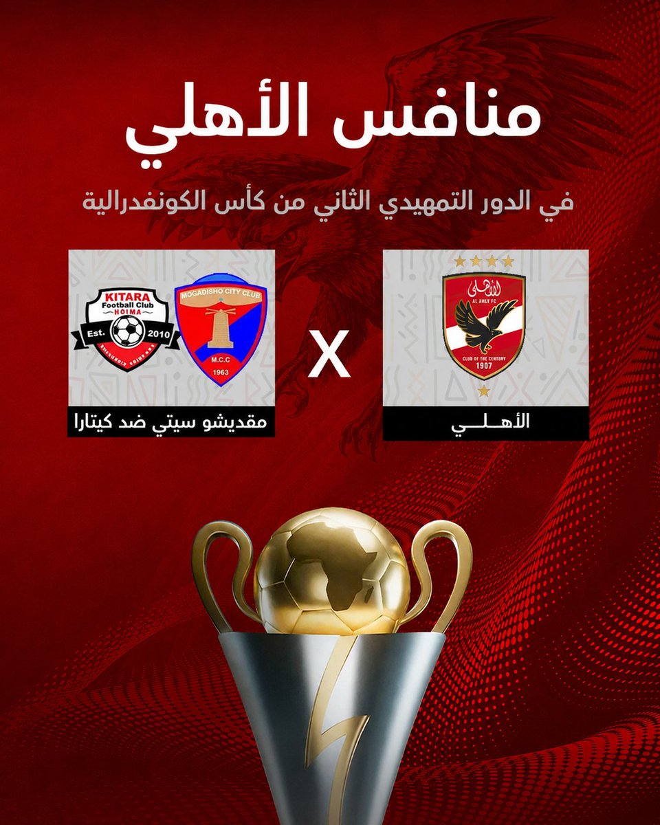 Ahlawia33's tweet photo. 🚨 الأهلي ينتظر الفائز من مواجهة مقديشو سيتي الصومالي 🇸🇴 وكيتارا إف سي الأوغندي 🇺🇬، في الدور التمهيدي الثاني من كأس الكونفدرالية الأفريقية

🗓️ الذهاب من 16 إلى 18 أكتوبر 
🗓️ الإياب من 23 إلى 25 أكتوبر
#يلا_يا_أهلي
#نسور_الاهلى https://t.co/9GvNRl9BPr