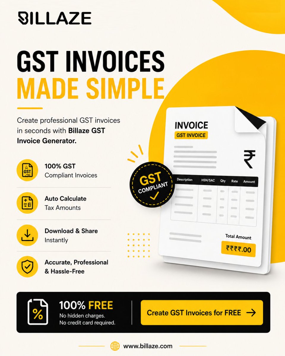 billazeapp's tweet photo. Still creating GST invoices manually?
Create GST-compliant, professional invoices in minutes with Billaze—100% free, fast, and easy to use.
✅ GST Ready
✅ Auto Tax Calculation
✅ Download &amp; Share Instantly

Start for free 👉 https://t.co/5J2tuC75Ih

#GSTInvoiceGenerator #Billaze https://t.co/1qFJYcZUHg