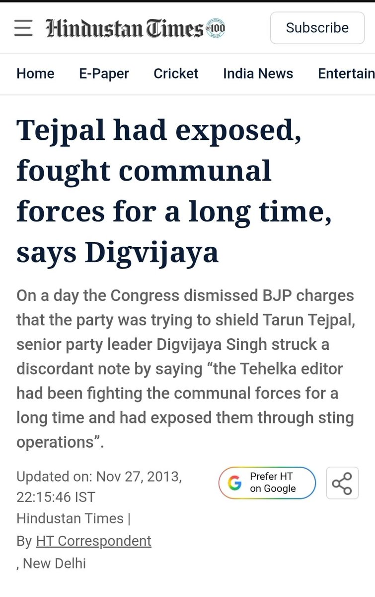pradip103's tweet photo. Since Tarun Tejpal's lawful conviction in charges of rape; there has been a pin drop silence in the Congress party!

Is it true or not that Congress party' Digvijay Singh in November 2013 defended Tejpal and said it's a "matter between a journalist; employee of Tehelka; and it's editor"

Is it true or not that Tejpal publically wrote a letter to Sonia Gandhi & praised Rahul Gandhi in November 2013.

Is it true or not that Manish Tiwari in 2021 supported Tejpal and called him "persecuted".

Those who defended Tejpal; are now silent when he is convicted of rape!

Why does Congress openly back Rape convicts;  and eulogise those monsters who commit crime against women!

The culture comes from top of Gandhi Vadra family which even campaigned with supporters of Katua rapist!