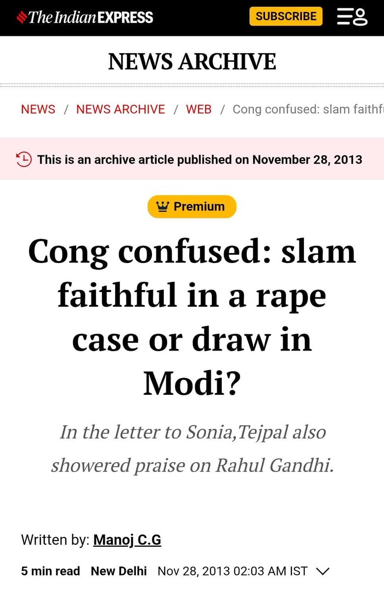 pradip103's tweet photo. Since Tarun Tejpal's lawful conviction in charges of rape; there has been a pin drop silence in the Congress party!

Is it true or not that Congress party' Digvijay Singh in November 2013 defended Tejpal and said it's a "matter between a journalist; employee of Tehelka; and it's editor"

Is it true or not that Tejpal publically wrote a letter to Sonia Gandhi & praised Rahul Gandhi in November 2013.

Is it true or not that Manish Tiwari in 2021 supported Tejpal and called him "persecuted".

Those who defended Tejpal; are now silent when he is convicted of rape!

Why does Congress openly back Rape convicts;  and eulogise those monsters who commit crime against women!

The culture comes from top of Gandhi Vadra family which even campaigned with supporters of Katua rapist!