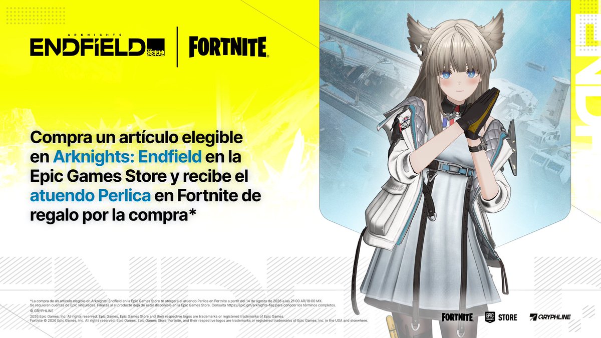 AKEndfieldES's tweet photo. ¡Endministrators, prepárense para entrar en acción!

¡Perlica se prepara para debutar en Fortnite! El atuendo de Perlica estará disponible en @Fortnite@EpicGames el 14 de agosto a las 5:00 p. m. (hora del Pacífico).

¡Nos vemos en el campo de batalla! ¡Manténganse al tanto!

*Las imágenes se muestran únicamente con fines ilustrativos. Consulta el contenido del juego para conocer los detalles definitivos.

#ArknightsEndfield
