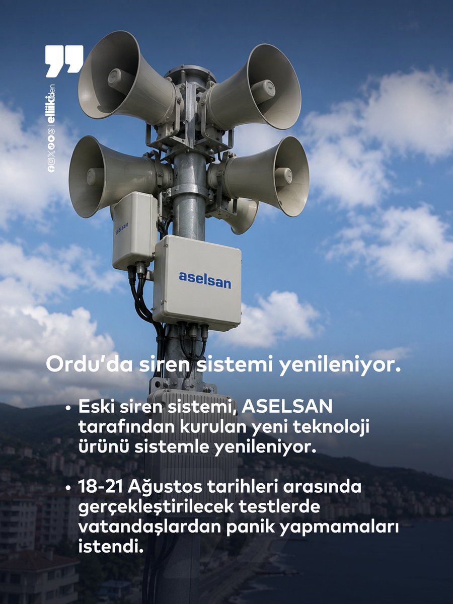 elliikiden_'s tweet photo. Ordu’da siren sistemi yenileniyor.

Eski siren sistemi, ASELSAN tarafından kurulan yeni teknoloji ürünü sistemle yenileniyor.

18-21 Ağustos tarihleri arasında gerçekleştirilecek testlerde vatandaşlardan panik yapmamaları istendi. https://t.co/gaz8THHxTQ
