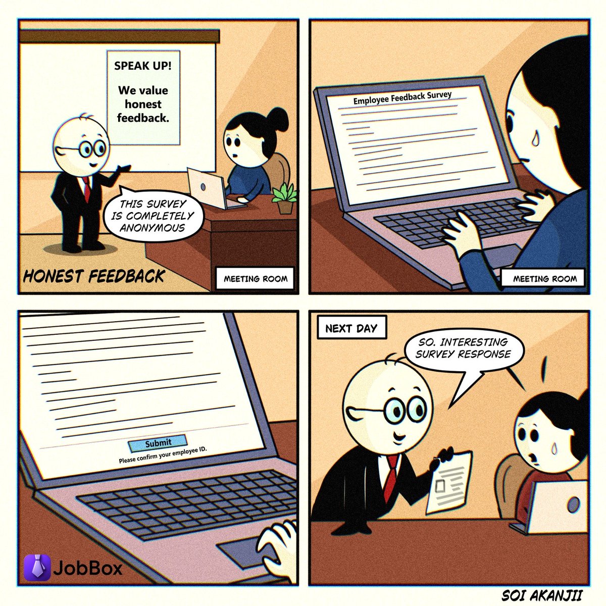 JobBoxAI's tweet photo. Everyone is brave...

Until the "anonymous" survey suddenly starts sounding very specific.

Have you ever filled out one of these? 

Be honest... did you tell the truth or play it safe? https://t.co/0WABeXQTWD