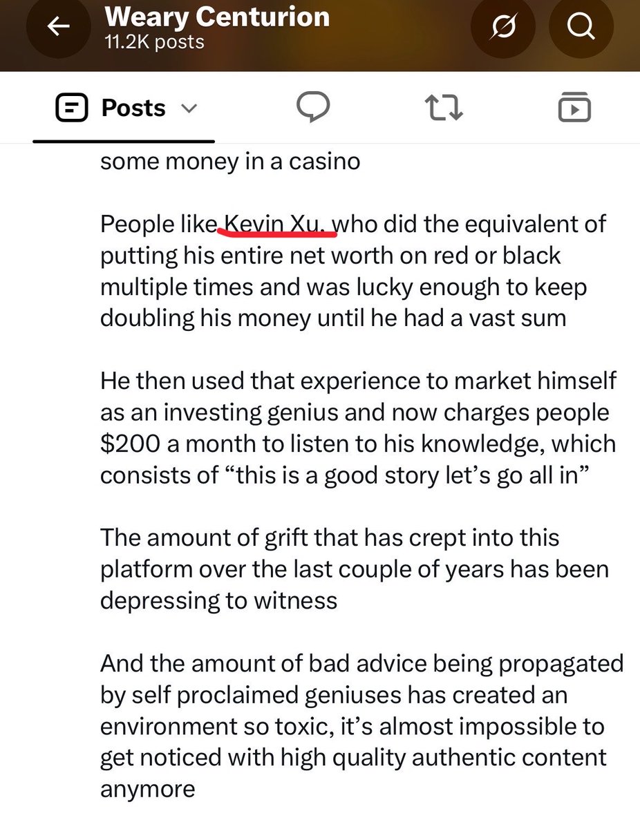 weary_centurion's tweet photo. Seems like X finally realised @kevinxu is the biggest grifter on the platform

Just weeks ago he was being idolised as the next Warren Buffet

Kevin is a gambler who got lucky in the casino and now charges people $200 a month to help them lose money in the stock market https://t.co/4epcOmOJYA
