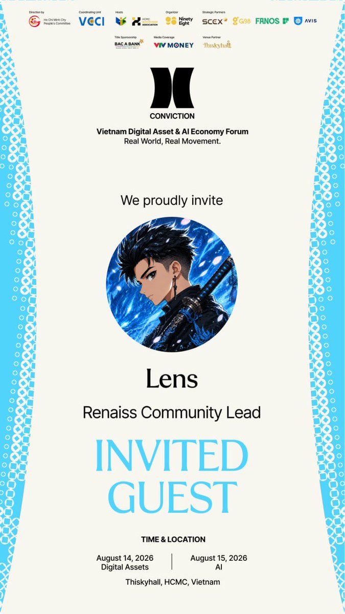 LensMoso's tweet photo. Rất vinh dự khi được tham gia Conviction 2026 với vai trò Invite Guest🙌

Chỉ còn khoảng 8 ngày nữa là sự kiện sẽ chính thức diễn ra. Đây sẽ là dịp để gặp gỡ anh em trong cộng đồng, lắng nghe những chia sẻ từ các chuyên gia và cập nhật thêm nhiều góc nhìn về AI, Blockchain và Tài sản số.

Cảm ơn BTC, Hy vọng sẽ có cơ hội gặp gỡ và giao lưu với nhiều anh em tại sự kiện.

Hẹn gặp mọi người ở @Convictionvn 2026! 🚀

📍 TP. Hồ Chí Minh
🗓 14–15/08/2026

#Conviction2026