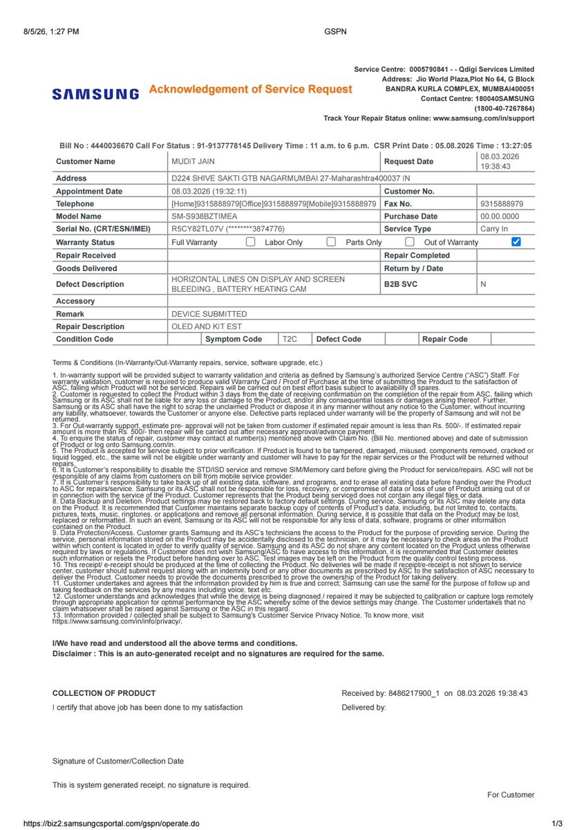 Mudit0151's tweet photo. My phone is under warranty &amp; mint condition (zero scratches/dents), yet Jio World Plaza service center rejected my green/pink line claim, falsely citing "impact damage."
Worse, they magically added this reason to my job sheet 2 hours after I left!
@SamsungSupport @SamsungIndia https://t.co/bSMFFbwdla