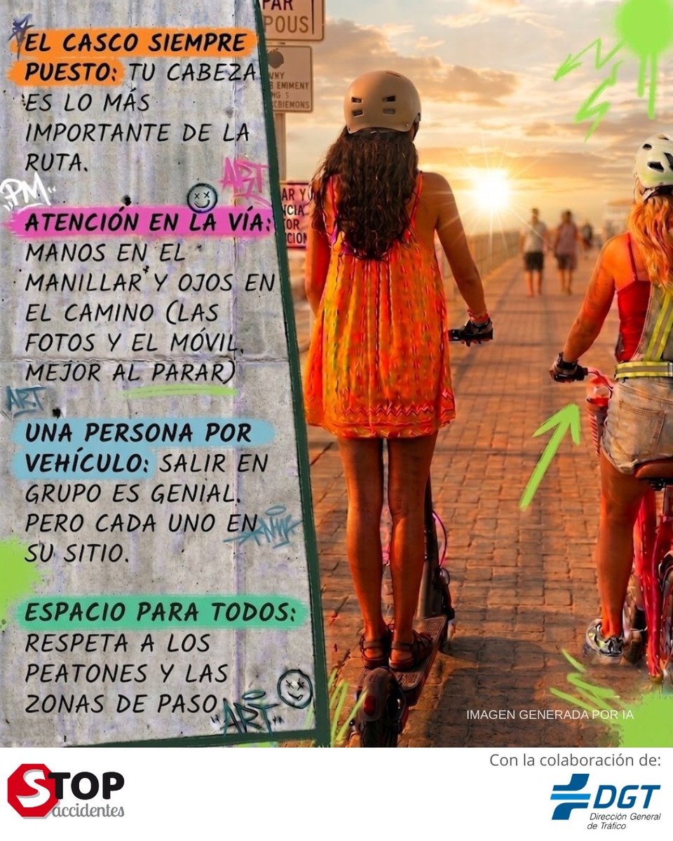 stopaccidentes's tweet photo. ☀️🚲🏊🏼 Sol, playa, amigos y la libertad de moverte en #bici o #patinete. La combinación perfecta para disfrutar del buen tiempo... siempre que sumes el ingrediente estrella: la #prudencia
#AulasActivas #HazterVer #SeguridadVial @DGTes @OFESAUTO https://t.co/ndiqR3nsFd