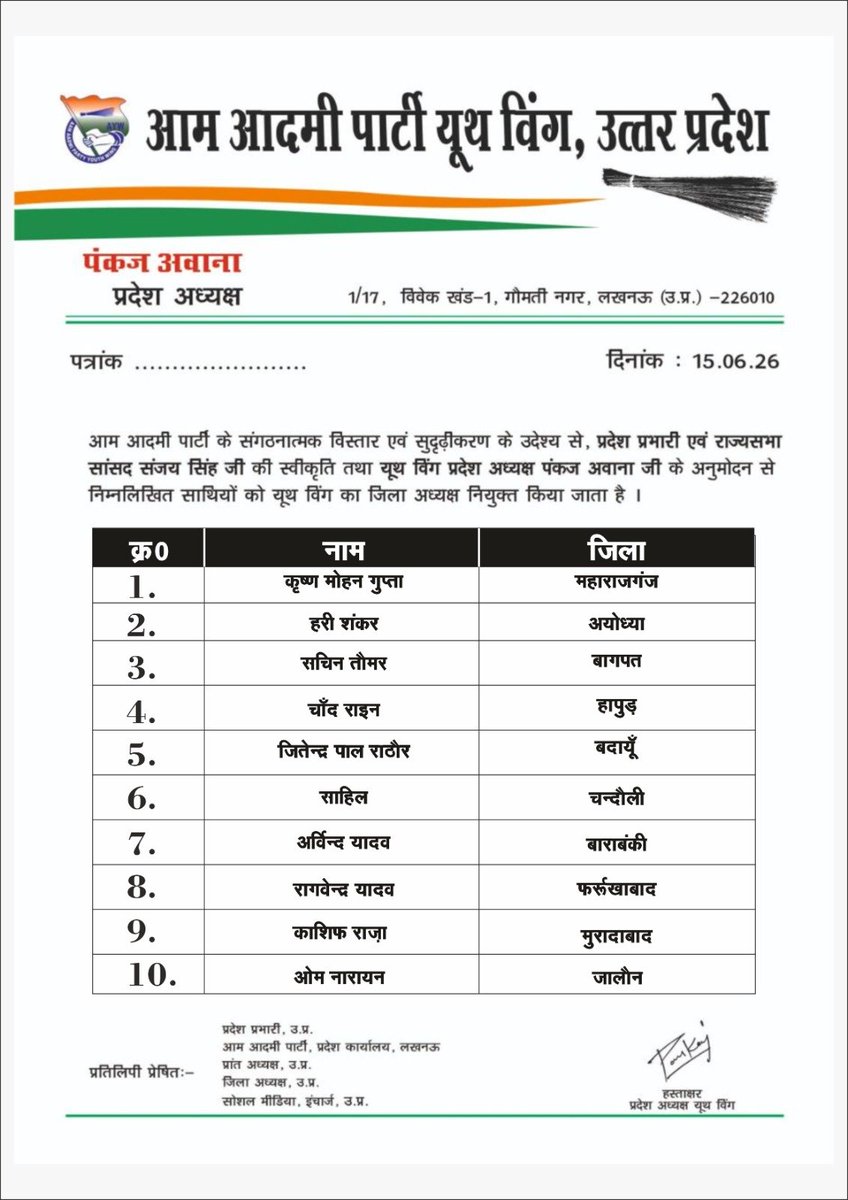 AAPUttarPradesh's tweet photo. AAP के संगठन विस्तार के क्रम में प्रदेश प्रभारी व सांसद @SanjayAzadSln जी की स्वीकृति से यूथ विंग प्रदेश अध्यक्ष @PankajAwanaAAP जी ने निम्न जिलों के जिलाध्यक्ष नियुक्त किए ।

सभी पदाधिकारियों को बहुत-बहुत बधाई एवं शुभकामनाएं। https://t.co/y3ABKu2e2r