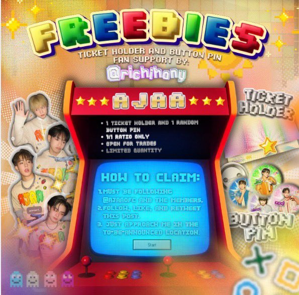 richihany's tweet photo. #AJAAGAMESTART #AJAAFirstConcert
@AJAAofc @haniesofc

🎮 FREEBIES FAN SUPPORT 👾
by @richihany

🗓️Aug. 9, Sunday
📌SM North Edsa Skydome
📍&amp;⏰: TBA

how to claim:
🕹️mbf
🕹️like &amp; rt this tweet
🕹️1 ticket holder &amp; 1 button pin per user
🕹️open for d-day trades pls

see u, hanies 🫶 https://t.co/zyqKRK2TUV