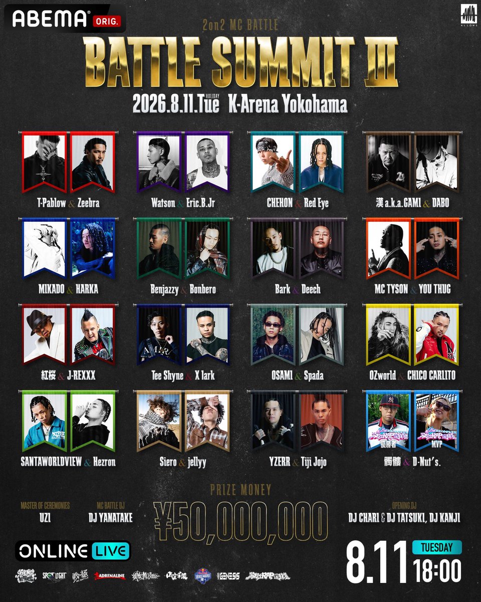 battlesummit1's tweet photo. BATTLE SUMMIT Ⅲ
2026年8月11日（火・祝）
📍Kアリーナ横浜
OPEN 16:30 / START 18:00
🏆優勝賞金5,000万円🏆

━━━━━━━━━━━━
🔥ABEMA PPV配信決定🔥
━━━━━━━━━━━━

配信チケット販売中🎫
前売りチケットは4,400円（税込）

ABEMA PPVはこちらから↓
https://t.co/Lt7fKAXmWU https://t.co/wwwdGaI1A8