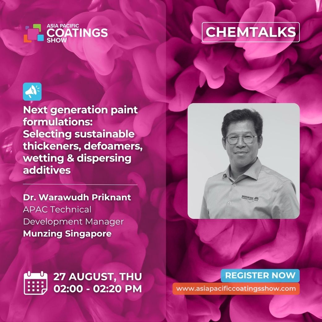 CoatingsGroup's tweet photo. Dr. Warawudh Priknant from Munzing Singapore takes the ChemTalks floor at the Asia Pacific Coatings Show 2026.

"Next generation paint formulations" - Day 2 (Thu, 27 Aug), 2:00 - 2:20 PM.

Register free: https://t.co/S8BMKgp9u9

📅 26-28 August | Jakarta International Expo https://t.co/8a9dXLgLG6