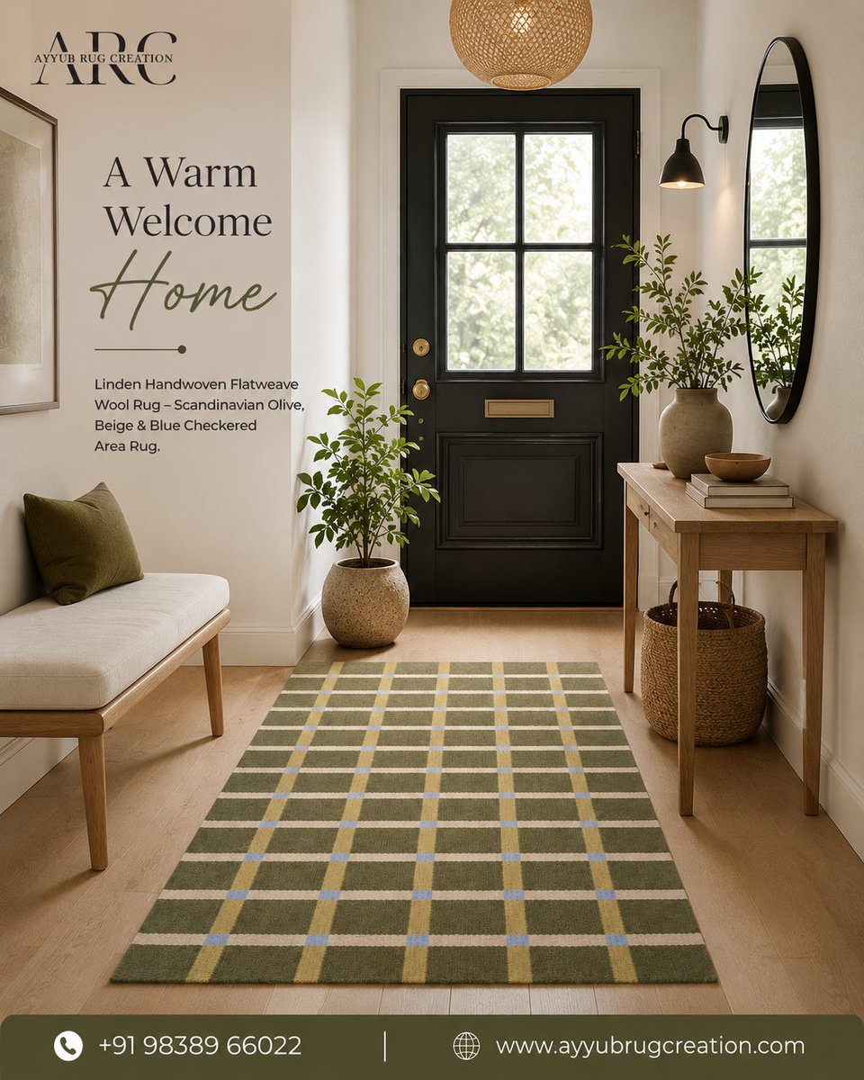AyyubRug's tweet photo. One Rug, Endless Possibilities 📷
Transform every corner of your home with the timeless charm of our Linden Handwoven Flatweave Wool Rug. Featuring a sophisticated Scandinavian-inspired olive, beige, and blue checkered design, this handcrafted rug effortlessly enhances your https://t.co/CxSP04t1sT
