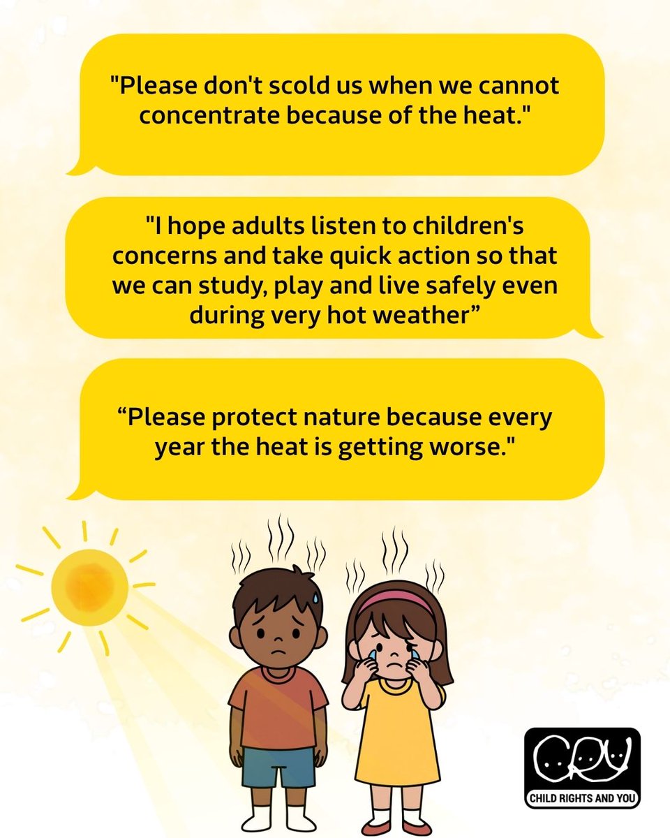 CRYINDIA's tweet photo. In Feeling the Heat, children share what extreme heat feels like in their own words. Their voices remind us that climate change is also a child rights issue.
Read the full report on CRY's website: https://t.co/mWJLNbVQfD
#FeelingTheHeat #CRYIndia https://t.co/ggOisvyNSP