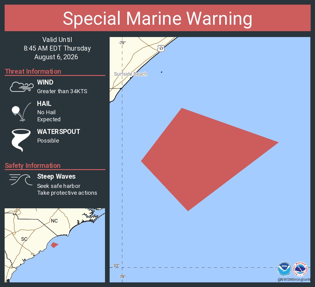 NWSWilmingtonNC's tweet photo. Special Marine Warning including the Waters from Little River Inlet SC to South Santee River SC from 20 to 60 NM, Coastal waters from Little River Inlet to Murrells Inlet SC out 20 NM and Coastal waters from Murrells Inlet to South Santee River SC out 20 NM until 8:45 AM EDT https://t.co/FgjHVcT2vh