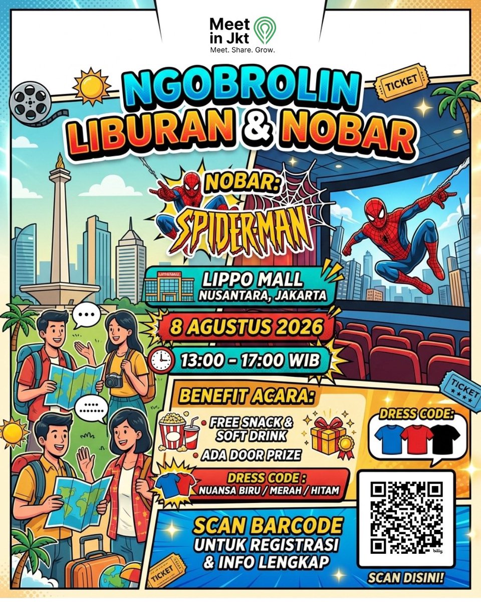 meetinjkt's tweet photo. Nonton Bareng Spiderman yuk di XXI Lippo Mall Nusantara, Jkt. All include: Tiket, Snack dan Soft Drink. Daftar melalui link  https://t.co/KMGr0Qw2mD atau scan barcode ya. https://t.co/SINWfBSAfj