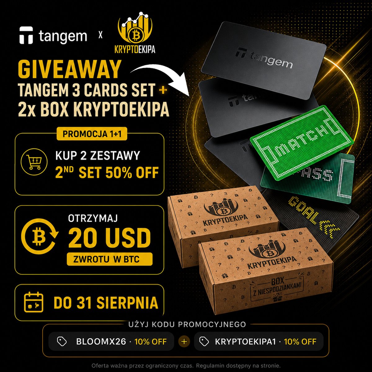 MaciejTomczyk3's tweet photo. KRYPTOEKIPA x TANGEM

GIVEAWAY Tangem wallet - 3 Cards set + 2x box KryptoEkipa

1️⃣ Obserwuj @KryptoEkipa
2️⃣ Zostaw ❤️ i udostępnij
3️⃣ W komentarzu oznacz 3 znajomych i napisz dlaczego warto korzystać z portfelii sprzętowych.

PROMOCJA NA TANGEM WALLET

Warto trzymać krypto na własnym portfelu, teraz jest dobry moment na zakup 👀
Obecnie trwa promocja 1+1: przy zakupie dwóch portfeli - drugi taniej o 50%. Oferta ważna do 31 sierpnia.

Z kodami promocyjnymi możesz zgarnąć:

✅ 20% zniżkę na zakup @Tangem
✅ do 20$ w $BTC
(w zależności od wybranej wersji)
✅ darmową wysyłkę w przypadku 2nd Set 50% OFF / Tangem Ring / Tangem Pro Kit

Przykład:
Kupując wersję 2nd Set 50% OFF płacimy $90.87 i dostajemy 20$ zwrotu w BTC! 
Więc dwa zestawy - 3 Cards set wychodzą po 70.87$

Kod: KRYPTOEKIPA1 i BLOOMX26

Kto jeszcze nie ogarnął hardware walleta, ten teraz ma dobrą okazję 👇

https://t.co/Fia73qY75f