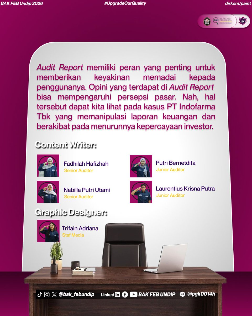 BAK_FEBUNDIP's tweet photo. Opini yang diberikan auditor tersebut dapat menjadi indikator penting dalam menilai tingkat kepercayaan dan risiko perusahaan. Bahkan, dalam beberapa kasus, audit report mampu memengaruhi keputusan investasi hingga pergerakan pasar. https://t.co/1NiuZtf072