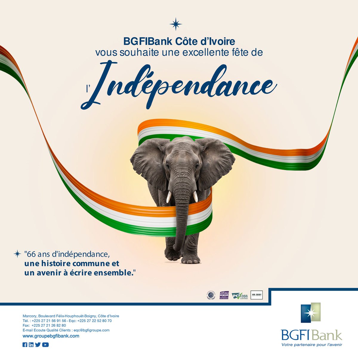 BGFIBankCI's tweet photo. Bonne fête de l’Indépendance à toute la nation ivoirienne !
Ensemble, poursuivons notre engagement à bâtir un avenir porteur d’opportunités.
#BGFIBank #BGFIBankCI #FeteIndependance #7aout #66ans https://t.co/sg8jcVE4lo