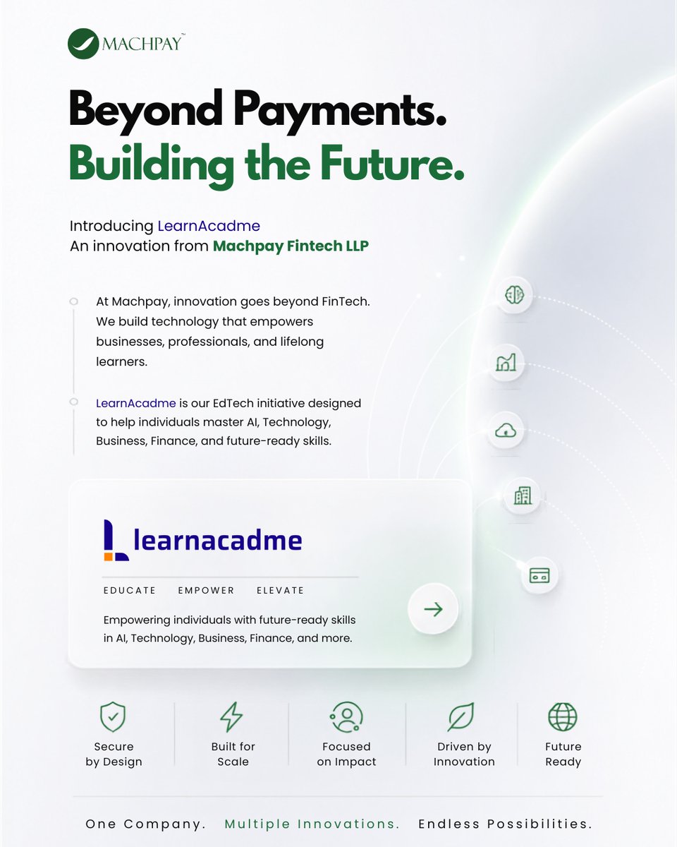 Machpayfintech's tweet photo. Beyond Payments. Building the Future. 🚀

Introducing #LearnAcadme, an innovation from #Machpay Fintech LLP.

Empowering learners with future-ready skills in AI, Technology, Business &amp; Finance.

One Company. Multiple Innovations. Endless Possibilities.
#onlineclasses  #Educación https://t.co/eeCBuUpLQE