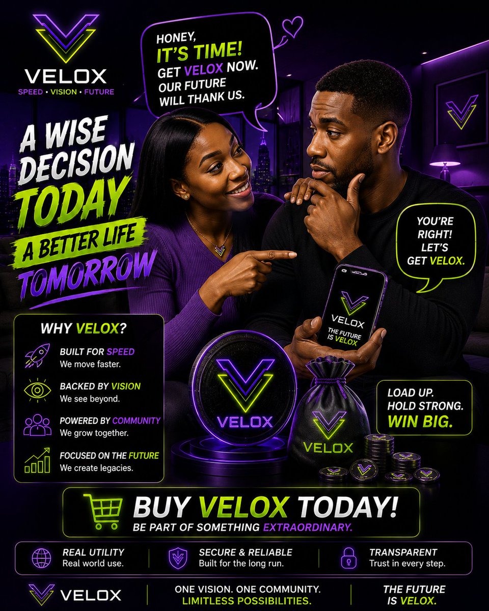 veloxNextGen's tweet photo. The best decisions are often made before everyone else sees the opportunity. 💜💚
Build together, believe together, and let VELOX be part of your future. Load your bags and stay ahead. 🚀

0x1E8455584E1EC148F30c2CeC6a12990484aB40D8

#VELOX #VeloxNEXTGEN #BuyVELOX #LoadYourBags #SpeedVisionFuture #CryptoCommunity #Web3 #DeFi #Bullish #FutureIsVELOX