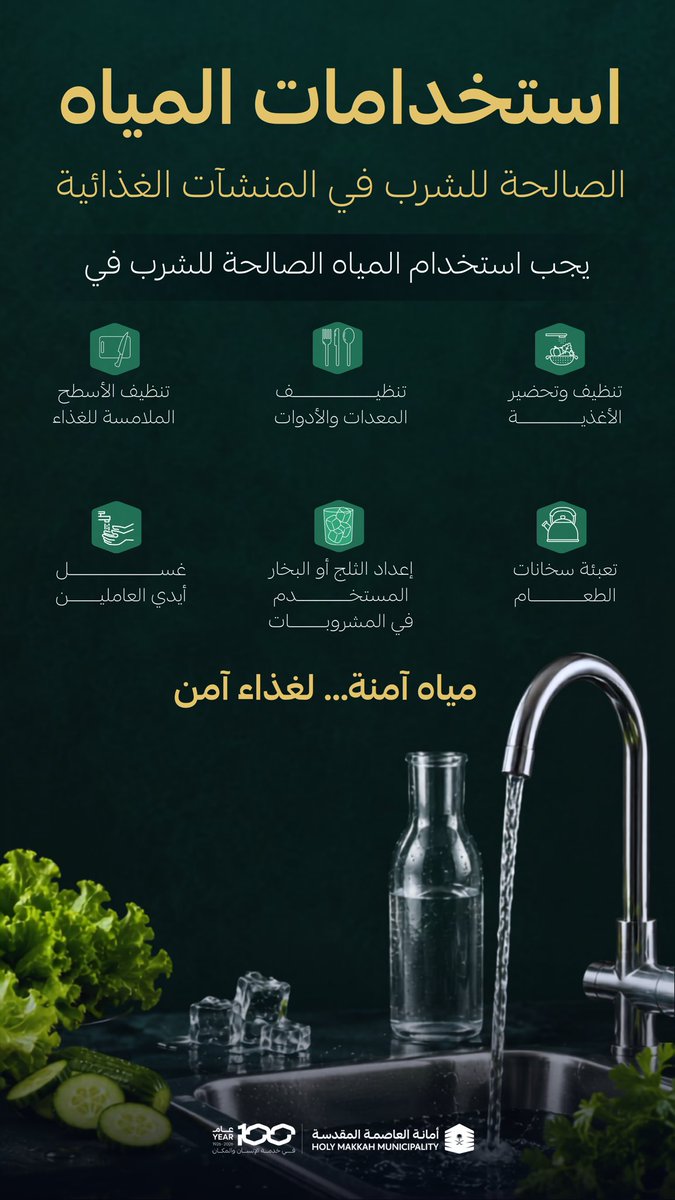 holymakkah's tweet photo. المياه الصالحة للشرب… أساس سلامة الغذاء.
تأكد من استخدام المياه الصالحة للشرب في جميع مراحل إعداد وتجهيز الأغذية والمشروبات، لضمان غذاء آمن.

#العاصمة_المقدسة https://t.co/XRZ0hZiaog