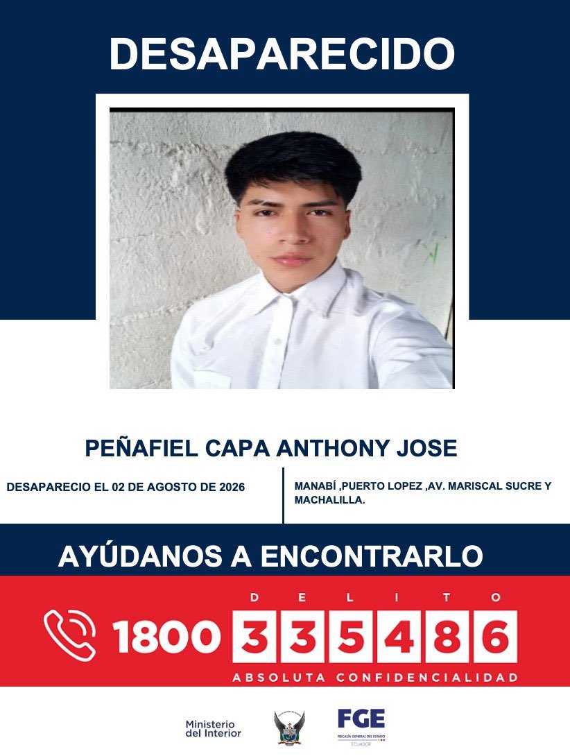 ecuainm_oficial's tweet photo. ‼️#URGENTE
Dayan Josué Sarmiento Rodríguez y Anthony José Peñafiel Capa, ambos de Quito, se encuentran desaparecidos. Fueron vistos por última vez en Puerto López, Manabí. Si tienes información sobre su paradero, comunícate con las autoridades. https://t.co/KyBPcru5xZ