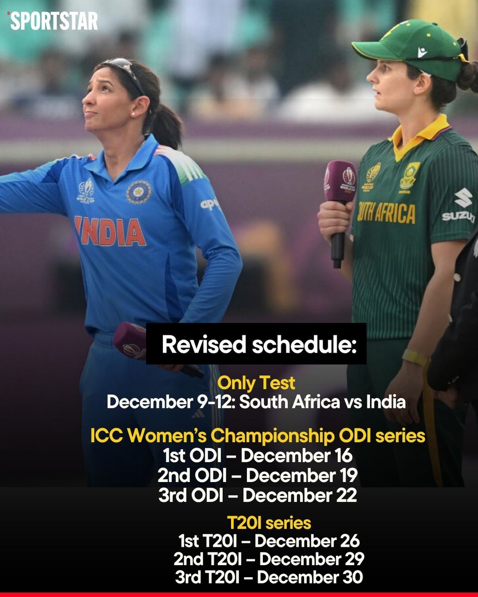 sportstarweb's tweet photo. India Women will play a one-off Test, three ODIs and three T20Is in South Africa in December 2026 🇿🇦🇮🇳

Here’s the revised schedule and fixtures 🗓️

🔗 Read more: https://t.co/rPCigcPgsk

📸: PTI, K.R Deepak

#SAvIND #Cricket https://t.co/pR8kFgjb0c