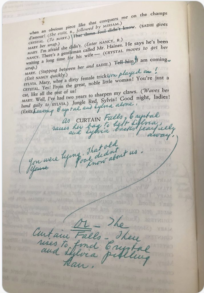 agmacor's tweet photo. Clare Boothe Luce's handwritten edits ca. 1937 for the final scene of her play #TheWomen, which became the #MGM film two years later. CBL would update & tweak scenes throughout the play's 1st run & for revivals until her death in 1987. #TCMParty #nextbook #BehindTheScenes https://t.co/AMICgbrutT