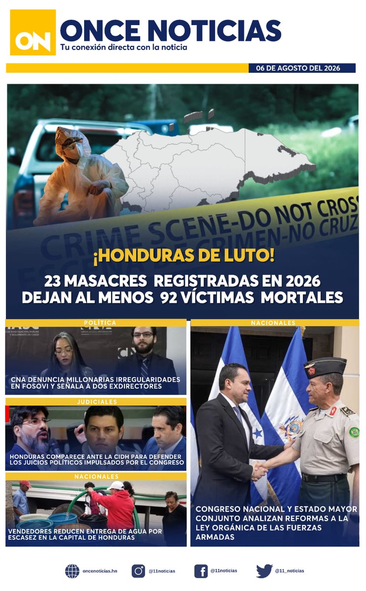 canal11hn's tweet photo. Buenos días lectores☀️ | 🟡 PORTADA de Once Noticias correspondiente al 06 de agosto de 2026.
No olvides visitar 👉🏼 https://t.co/w96V8i4lf8
#Masacr3 #CNA #JuiciosPolíticosCIDH #CongresoNacional https://t.co/VSqBOYsT7O