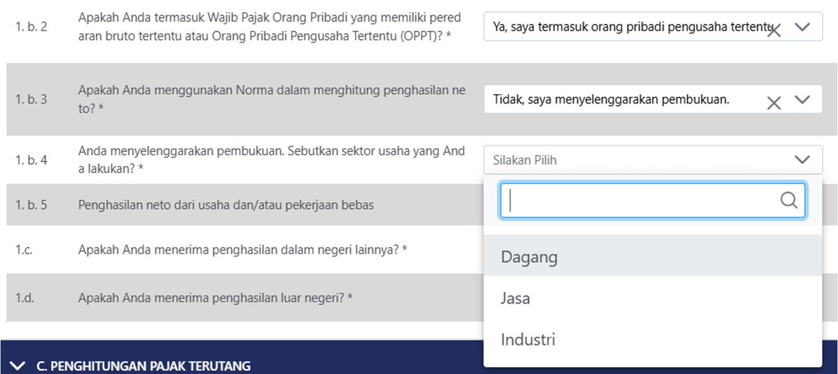 Scroll ke bawah
1.b.2 : Ya, saya termasuk orang pribadi pengusaha tertentu
1.b.3 : Tidak, saya menye...
